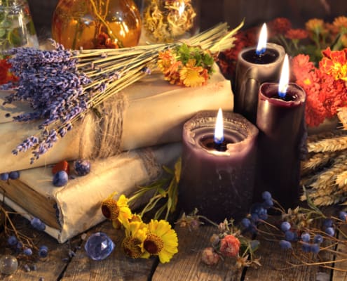 Three Black Candles, Lavender Bunch, Healing Herbs And Flowers