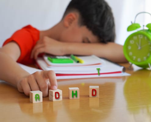 Child Surrounded By Books And Notebooks Frustrated, With The Acronym ADHD, Represents The Disease Attention Deficit Disorder And The Difficulties It Entails In School Life.
