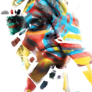 Paintography. Double Exposure Of An Attractive Male Model With Closed Eyes And Hand Covering Face Combined With Colorful Hand Drawn Paintings