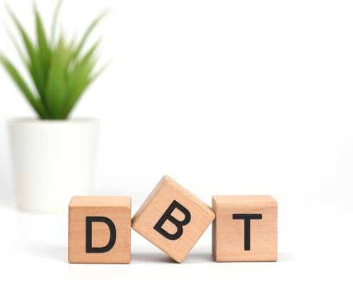 Wooden Cubes With Letters On White Background. The Words Written Is DBT Dialectical Behavior Therapy Acronym With A Pot Of Green Plant.Psychological Treatment Concept, Stress Regulation.Copy Space.