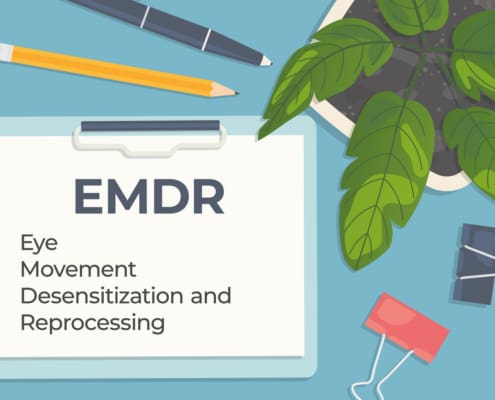 EMDR (Eye Movement Desensitization And Reprocessing) Therapy Written On Clipboard, Flat Lay Composition