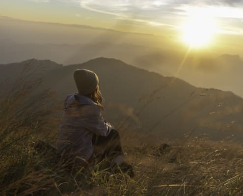 Lifestyle Traveler Happy Feeling Good Relax And Freedom Facing In The Sunrise Morning. Travel Concept