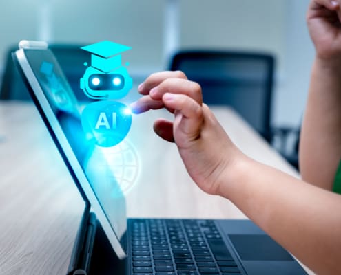 Education, Kid Learning And Training With AI, Knowledge And Technology Concept. Robot Hologram In Graduation Hat Showing While Child Using Digital Tablet With Finger Touch On Screen, Homework School.