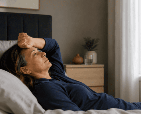 A person lying on a bed with one hand over their face.