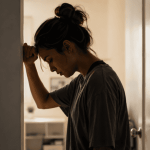 A woman leaning against a doorway with her head lowered.