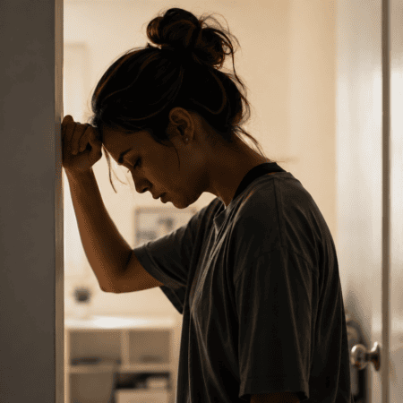 A woman leaning against a doorway with her head lowered.