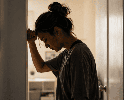 A woman leaning against a doorway with her head lowered.