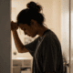 A woman leaning against a doorway with her head lowered.