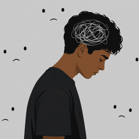 Illustration of a young person with a tangled line inside their head.