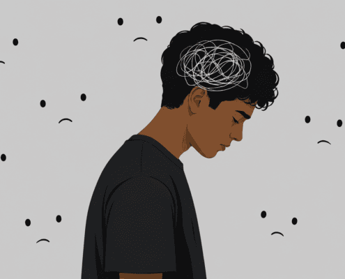 Illustration of a young person with a tangled line inside their head.