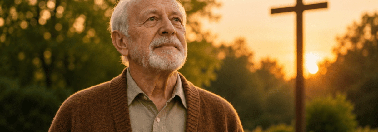 Elderly man standing outdoors at sunset, looking upward thoughtfully, with a large cross softly blurred in the background.