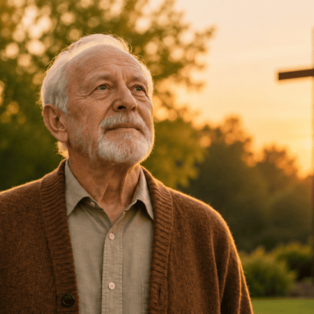 Elderly man standing outdoors at sunset, looking upward thoughtfully, with a large cross softly blurred in the background.