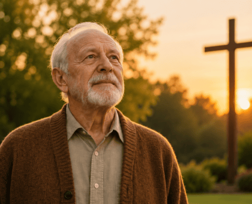 Elderly man standing outdoors at sunset, looking upward thoughtfully, with a large cross softly blurred in the background.
