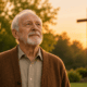 Elderly man standing outdoors at sunset, looking upward thoughtfully, with a large cross softly blurred in the background.