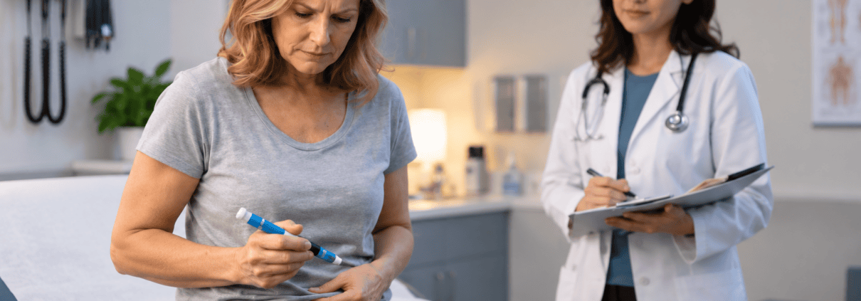 Woman demonstrating a self-injection with a medication pen while a healthcare provider observes and takes notes in a clinical exam room.