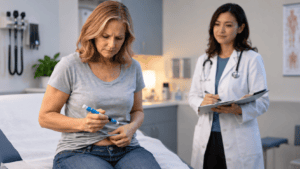 Woman demonstrating a self-injection with a medication pen while a healthcare provider observes and takes notes in a clinical exam room.