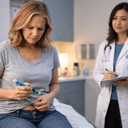 Woman demonstrating a self-injection with a medication pen while a healthcare provider observes and takes notes in a clinical exam room.
