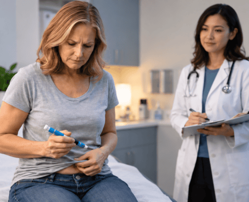Woman demonstrating a self-injection with a medication pen while a healthcare provider observes and takes notes in a clinical exam room.
