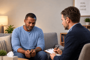 A man looks down with a troubled expression while another man talks with him in a softly lit room.