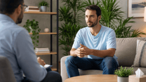 Thoughtful Conversation In A Cozy Office A man in a light blue shirt sits on a sofa with his hands clasped, listening to someone across from him.