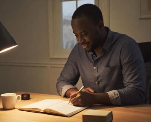 A man writing in a notebook at a wooden desk lit by a lamp, with a coffee mug beside him.