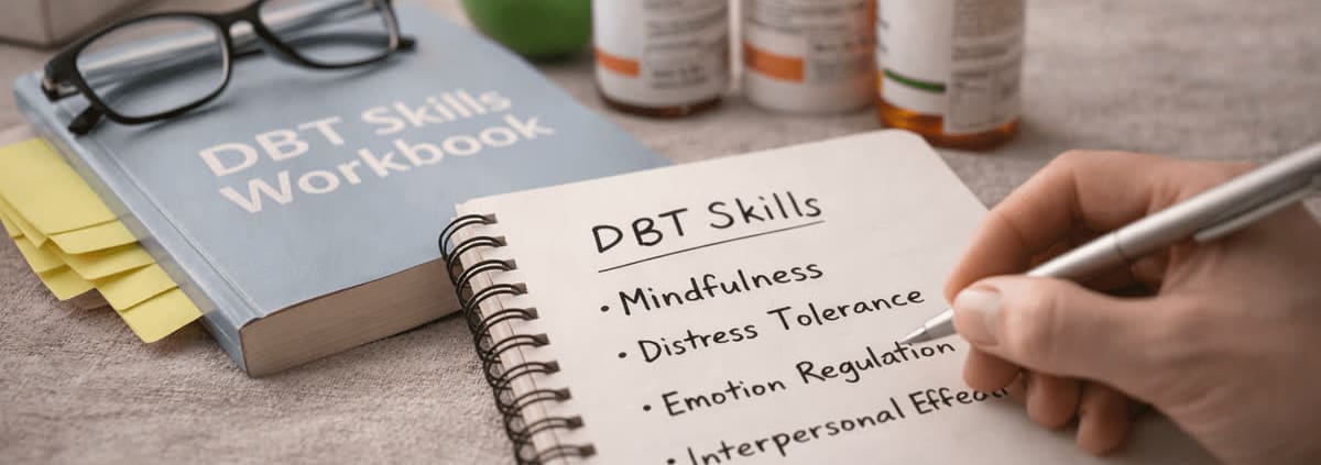 A hand writing a list of DBT skills in a notebook beside a DBT skills workbook, glasses, and medication bottles.