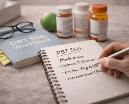 A hand writing a list of DBT skills in a notebook beside a DBT skills workbook, glasses, and medication bottles.