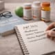 A hand writing a list of DBT skills in a notebook beside a DBT skills workbook, glasses, and medication bottles.